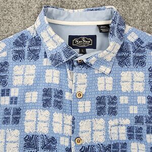 Nat Nast Shirt Men Large Blue Geometric Silk Blend Short Sleeve Casual Button Up